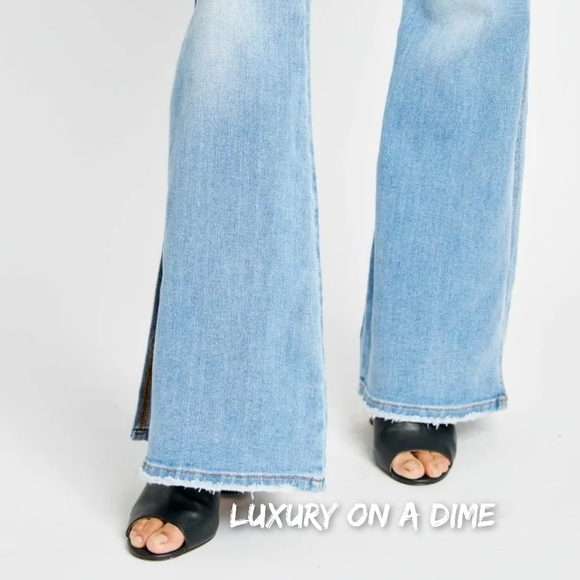 Retro Mid-rise Split Bell Bottom Flare Leg Raw Hem Skinny Jean Pants Judy Blue - Picture 5 of 10